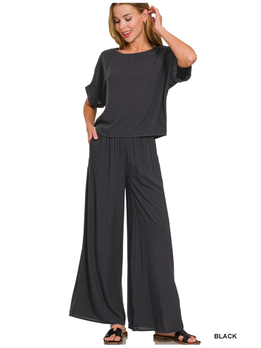 175 ❤️Zenana WOVEN SHORT SLEEVE & LONG PANTS SET
